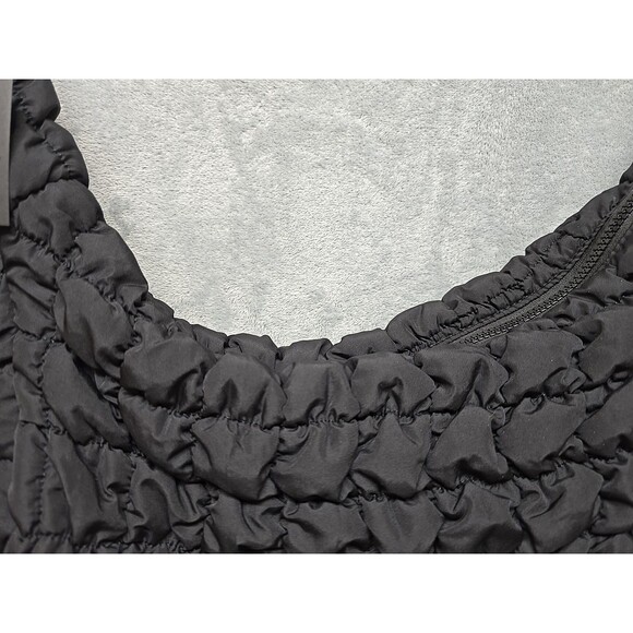 Black Quilted Puffer Tote Bag Top & Front Zip Inside Pockets Shopping Handbag - Picture 2 of 6